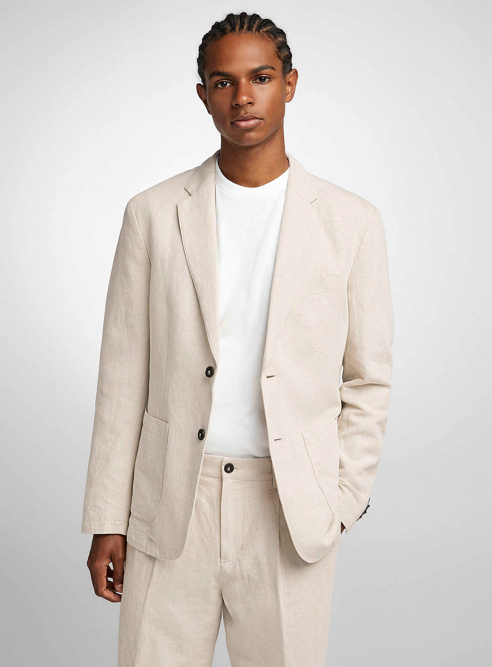 United Colors Of Benetton Beige Cotton-linen Jacket In Ivory/cream Beige