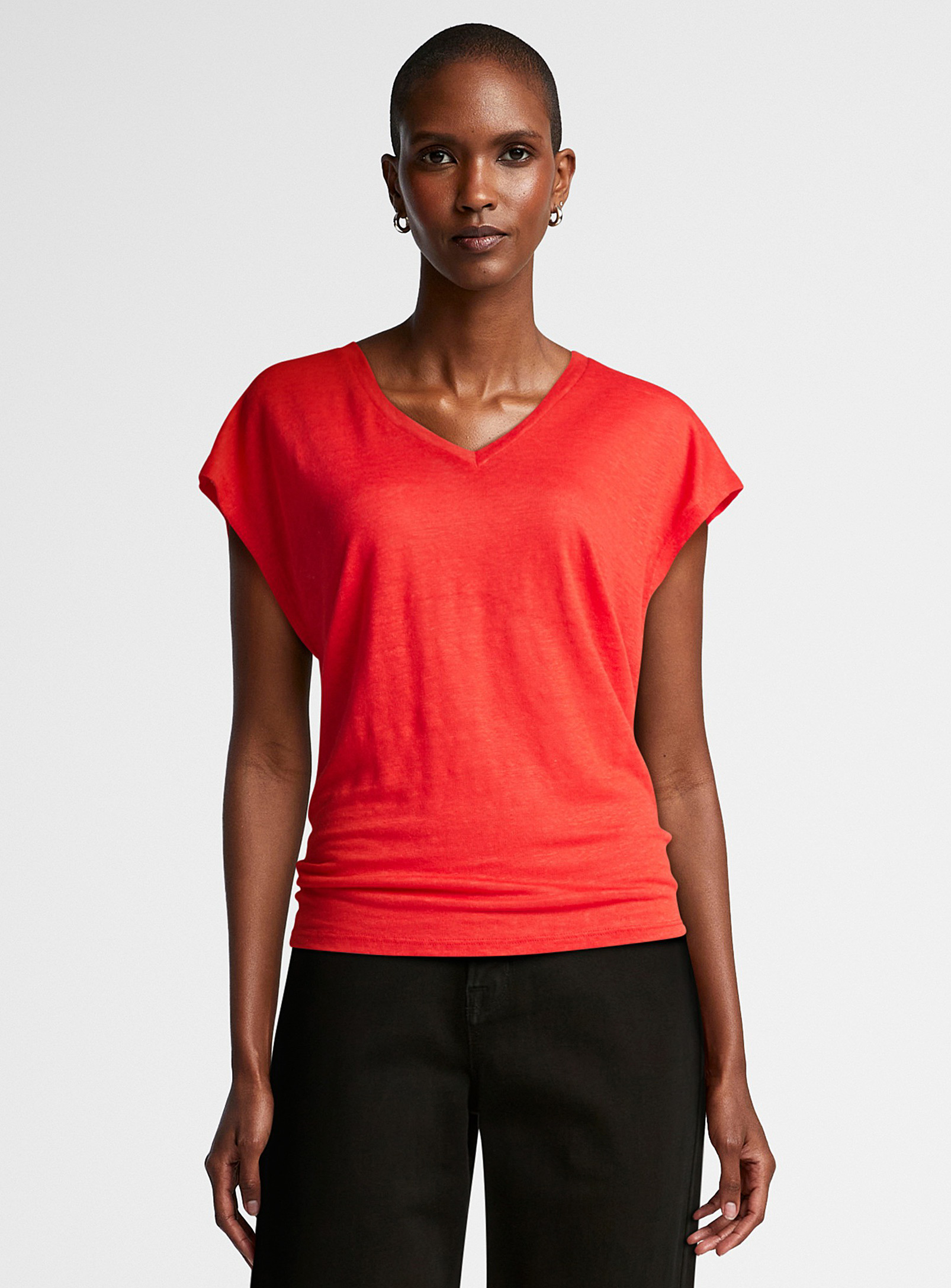 United Colors Of Benetton Cap-sleeve Pure Linen T-shirt In Burnt/brick Orange
