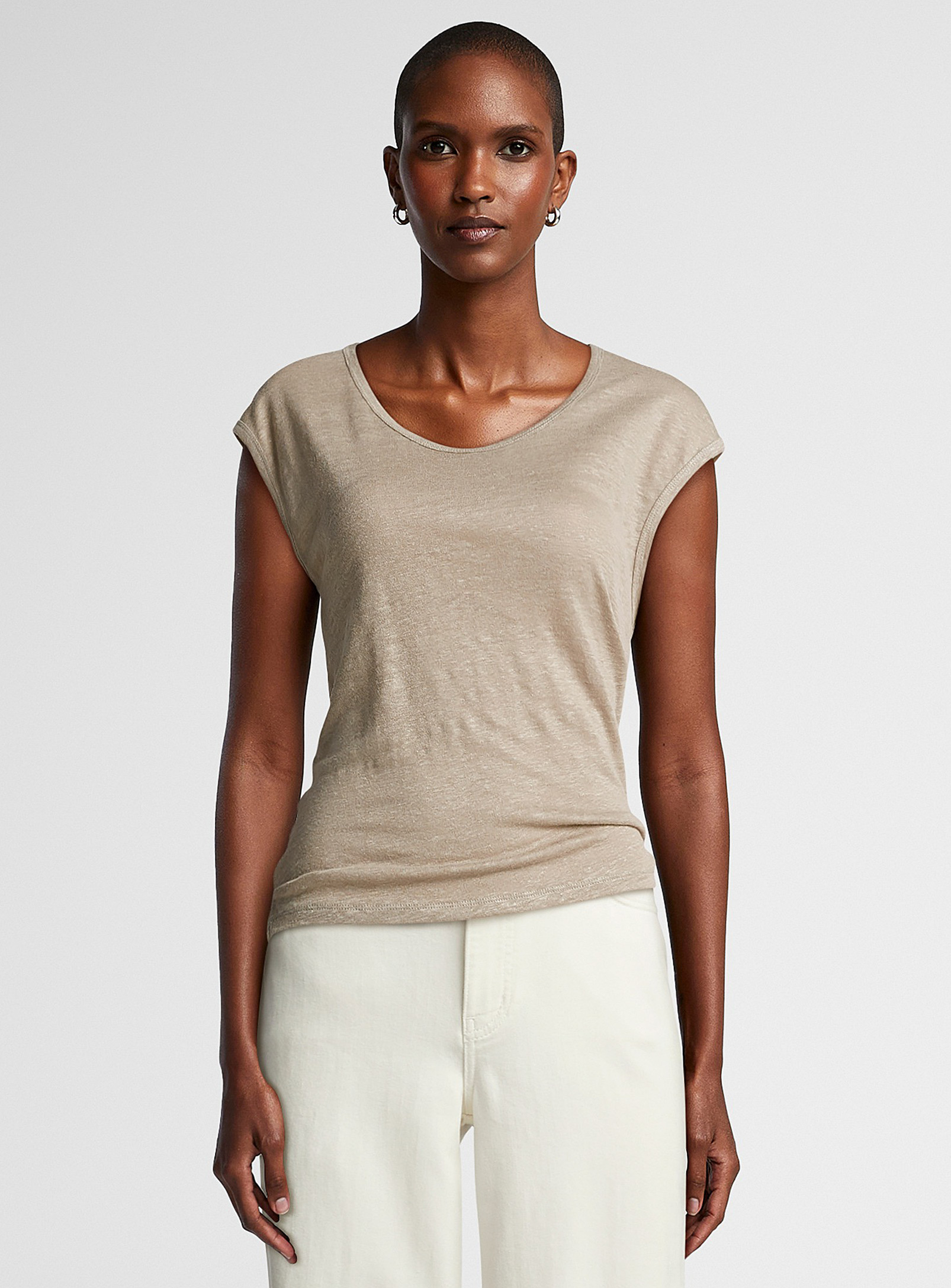 United Colors Of Benetton Cap-sleeve Pure Linen Jersey Cami In Khaki/sage/olive