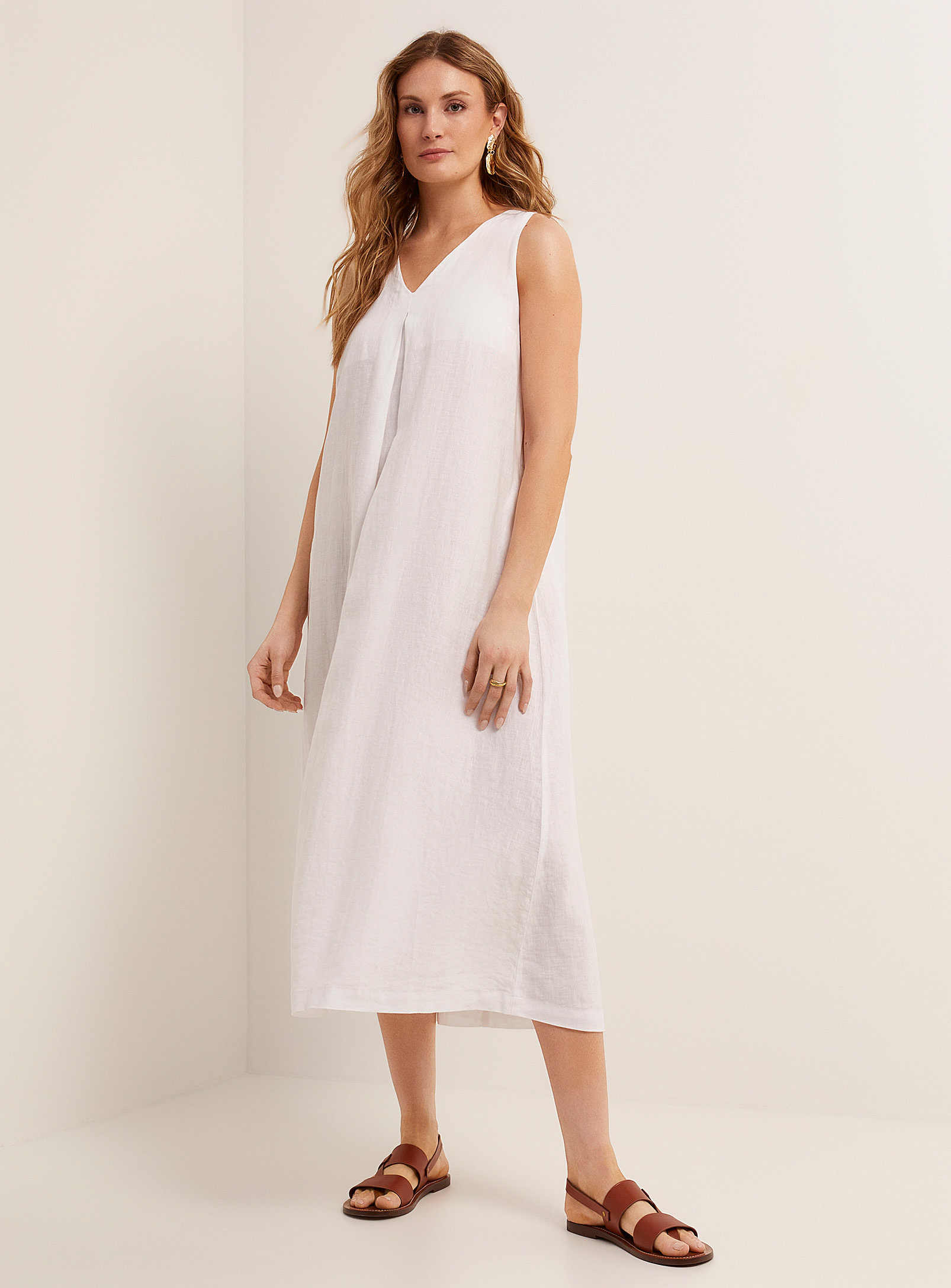 United Colors Of Benetton Pleated Pure Linen Trapeze Dress In White