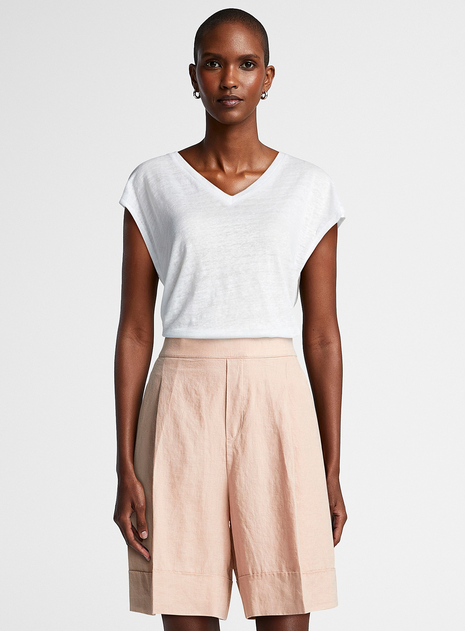 United Colors Of Benetton Cuffed Pure Linen Bermuda Shorts In Dusky Pink
