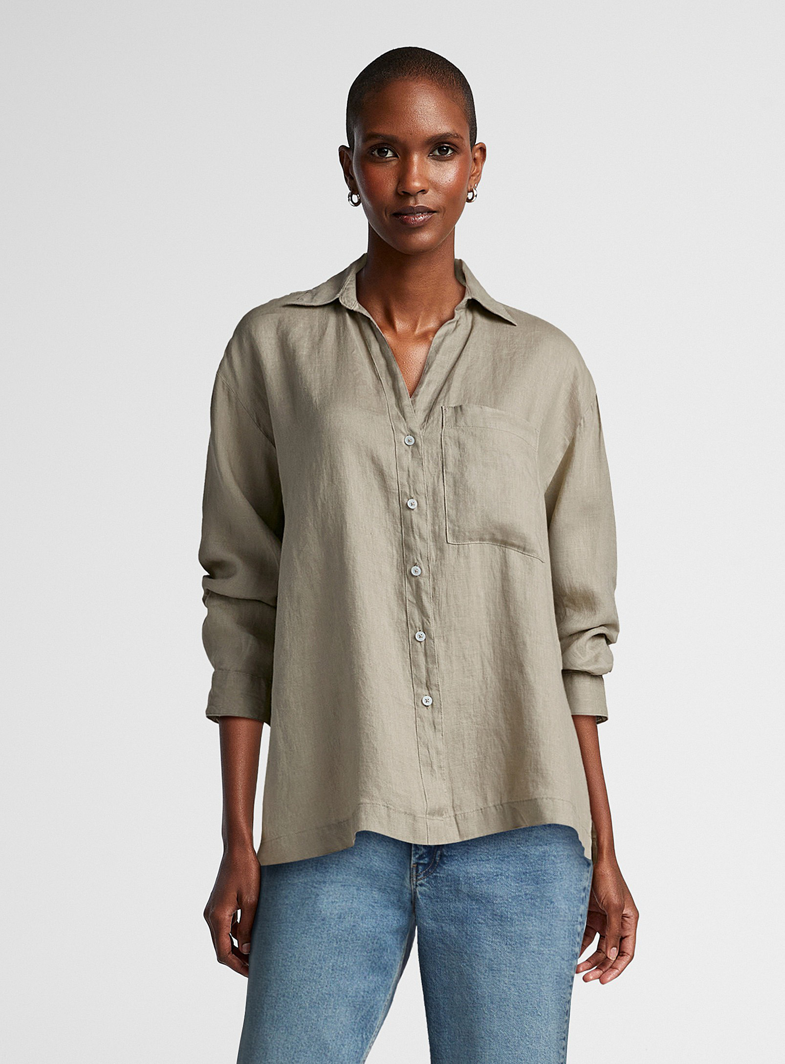 United Colors Of Benetton Patch Pocket Pure Linen Shirt In Khaki/sage/olive