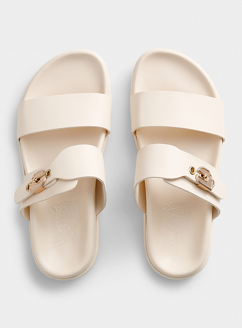 Ancient Greek Sandals: La sandale slide double bride Latria Femme Ivoire blanc os pour femme