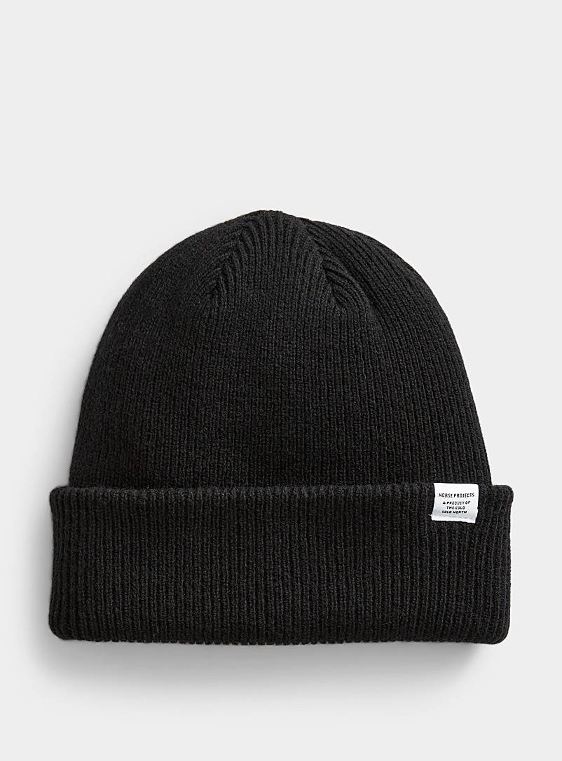 Norse Projects Black Ribbed merino wool cuffed tuque for men
