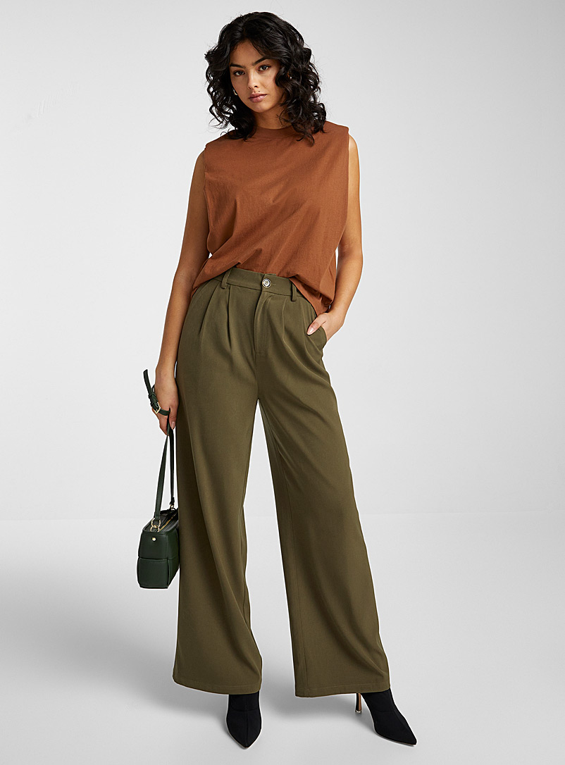 Icône Mossy Green Twill pleated wide-leg pant for women