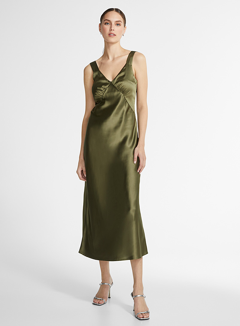 Icône Mossy Green Ruched bust khaki satiny dress for women