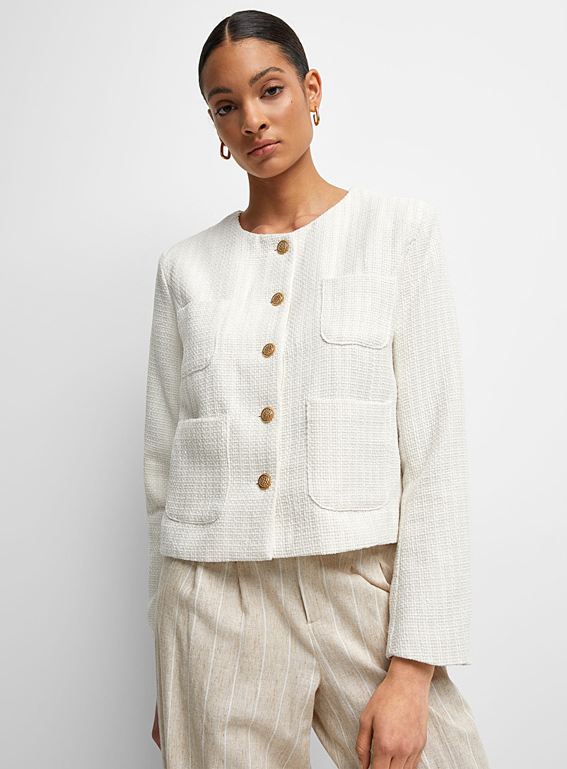 Icône Ivory White Patch pockets ivory tweed blazer for women