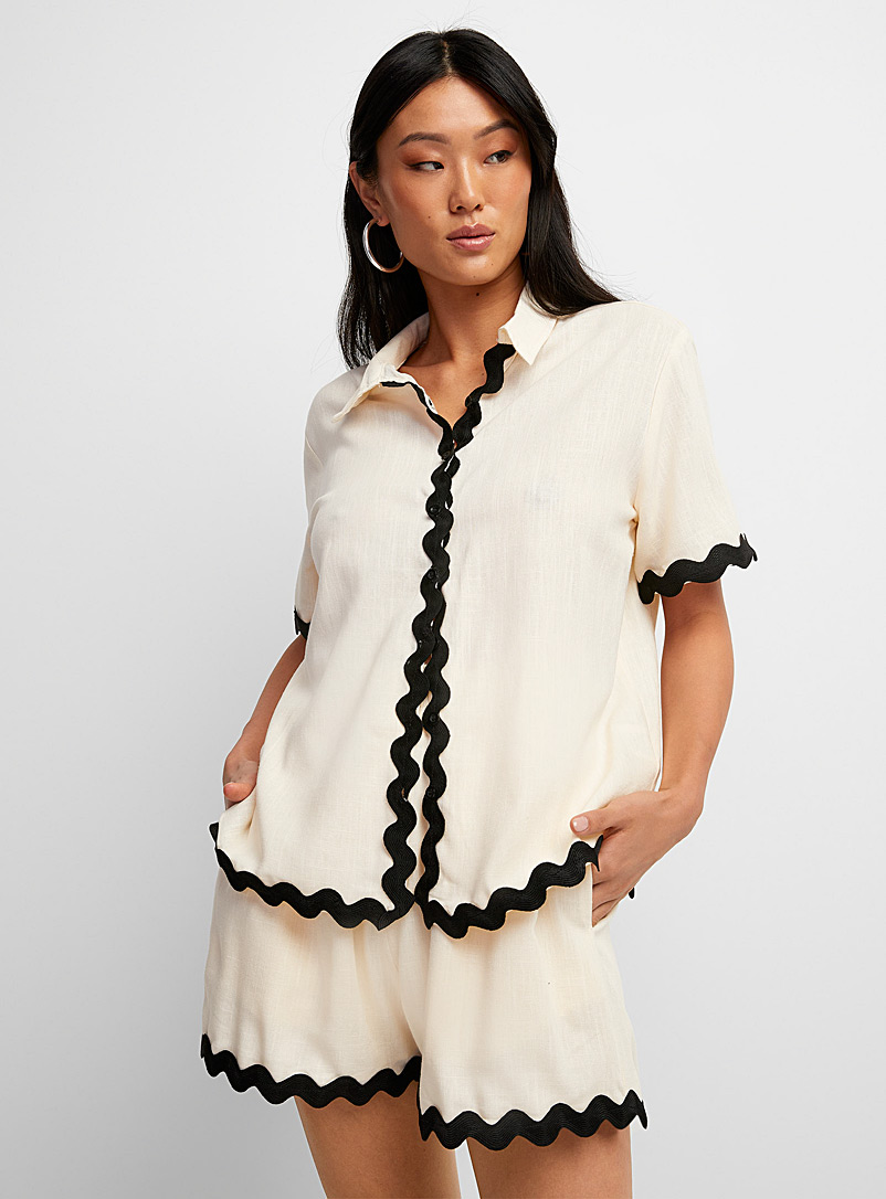 Icône Black and White Touch of linen contrasting trim shirt for women