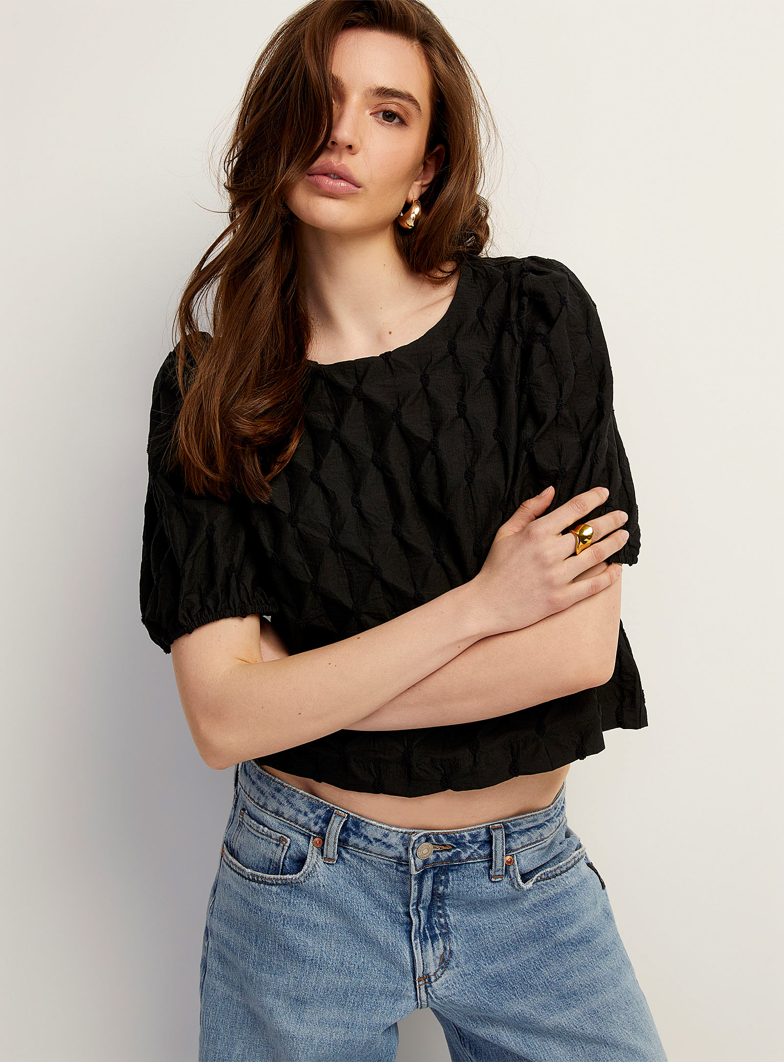 Icone Short Puff Sleeves Textured Blouse In Black