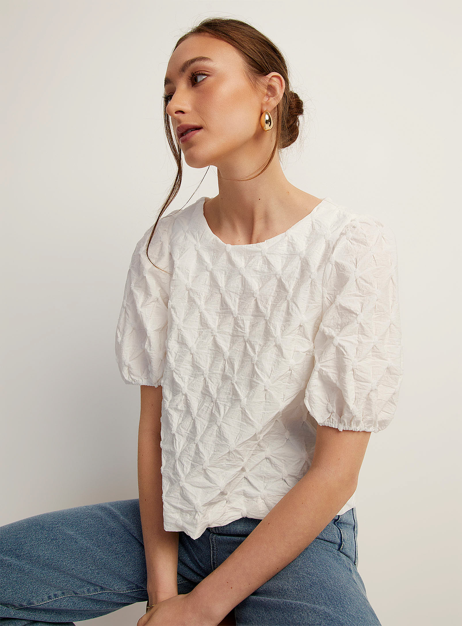 Icone Short Puff Sleeves Textured Blouse In Off White