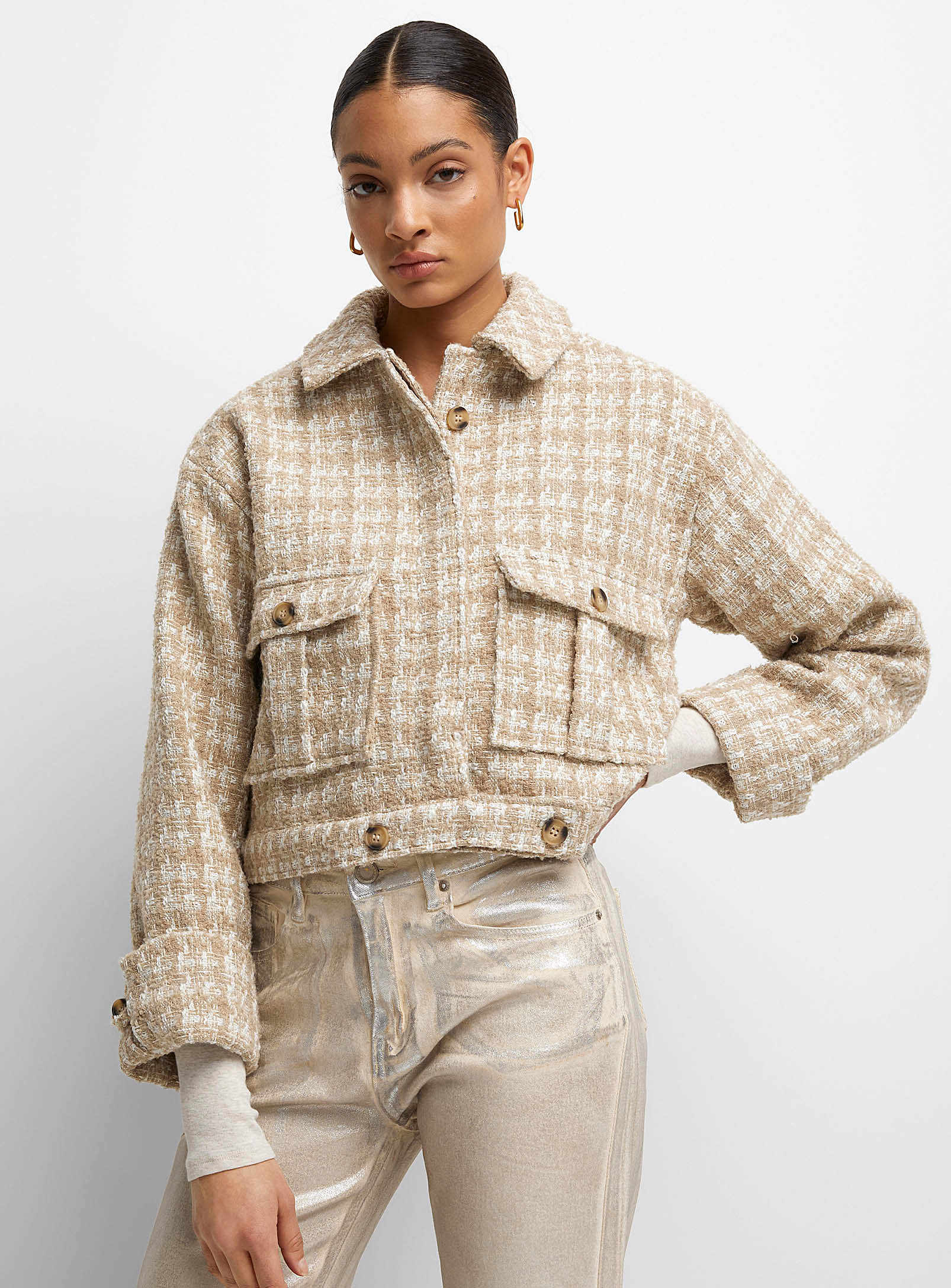 Icone Flap Pockets Ecru Tweed Jacket In Patterned Ecru