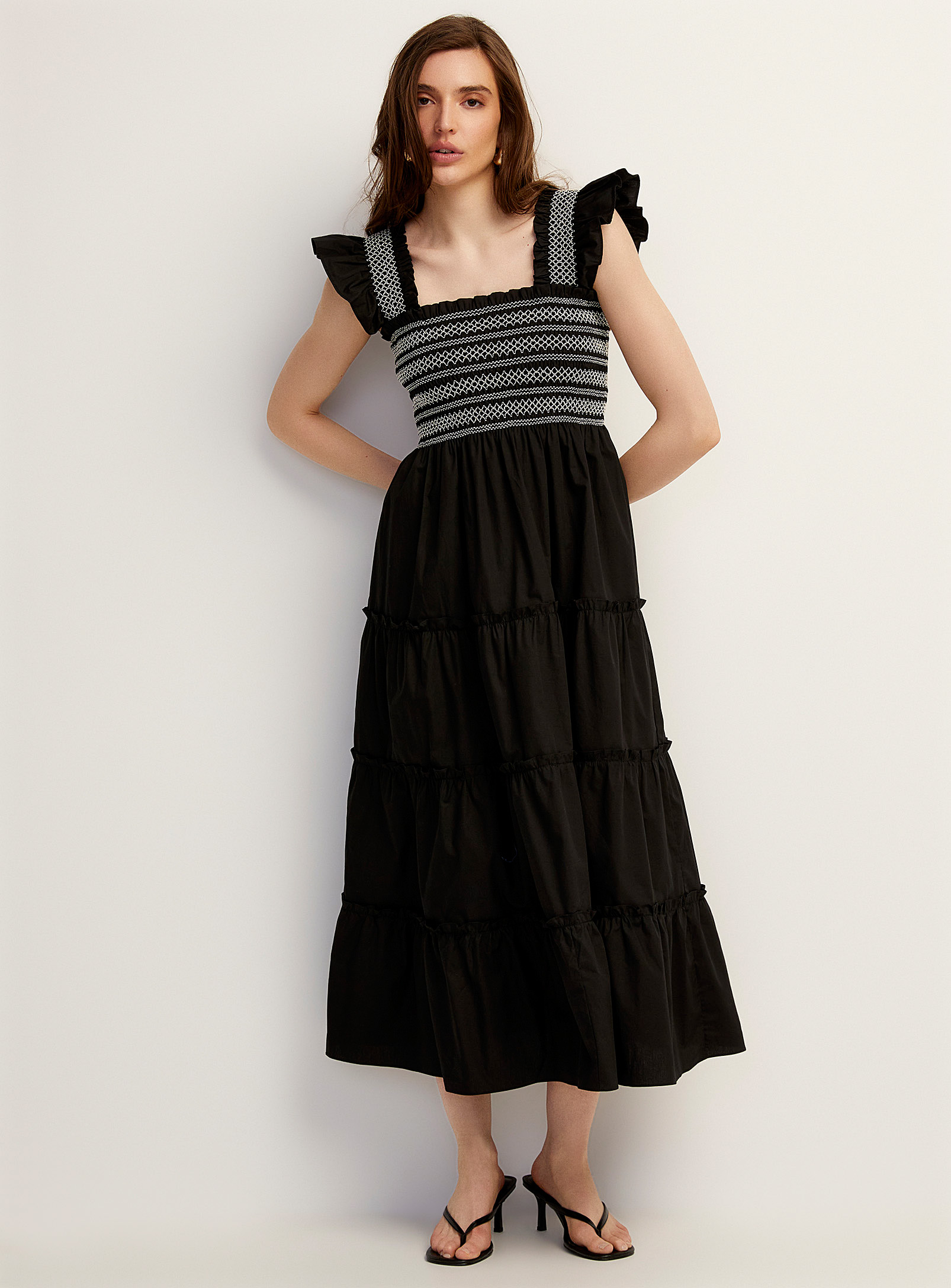Icone Contrasting Embroidered Bust Maxi Tiered Dress In Black And White