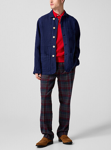 Drake's Indigo/Dark Blue Madras checkers pleated pant for men