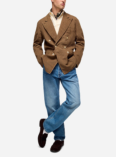 Drake's: La veste crois&eacute;e en gabardine de lin Mk III Brun pour homme