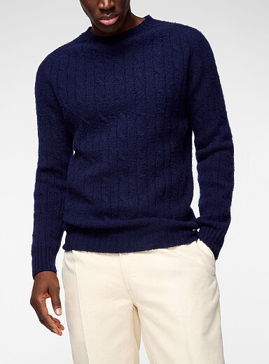 Drake's Navy/Midnight Blue Brushed Shetland wool cable-knit sweater for men