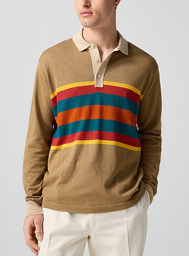 Drake's: Le polo rugby ray&eacute; lin et coton Brun pour homme
