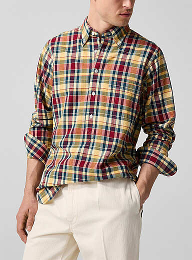 Drake's Patterned Blue Half-length buttoning checkered madras shirt for men