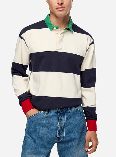 Drake's: Le polo rugby rayures bloc Bleu &agrave; motifs pour homme