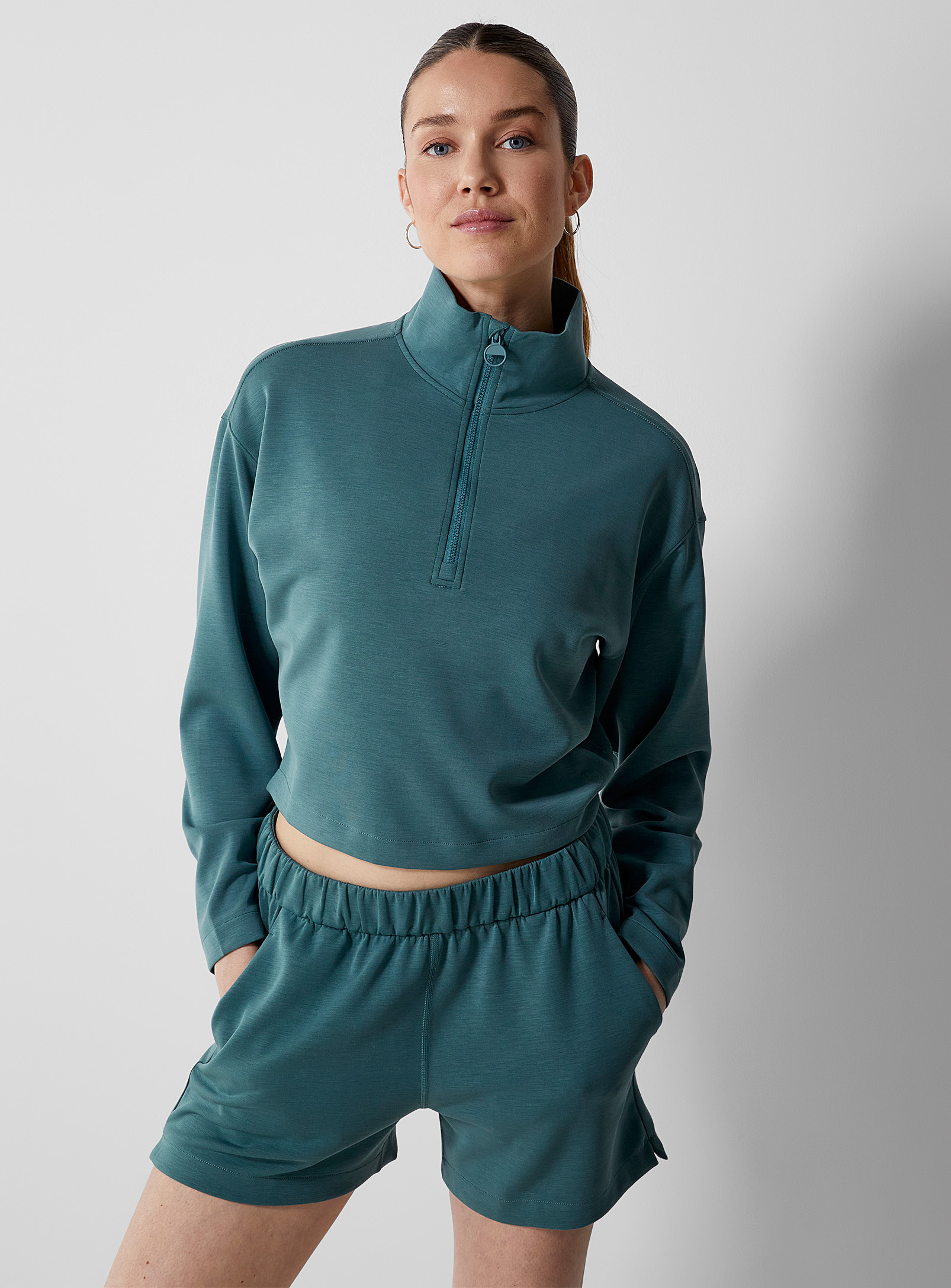 Prana Shea Zip-up Mock-neck Ultra-soft Sweater In Teal