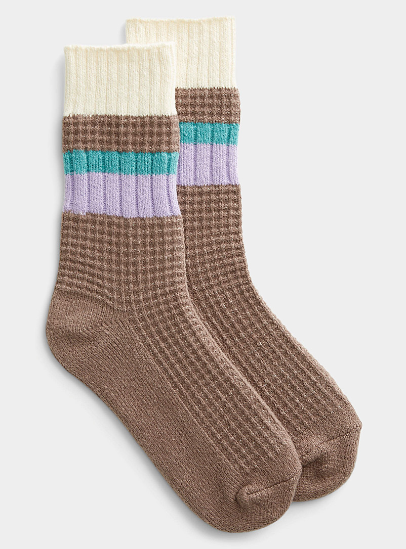 Simons Light Brown Colour block waffle socks for women