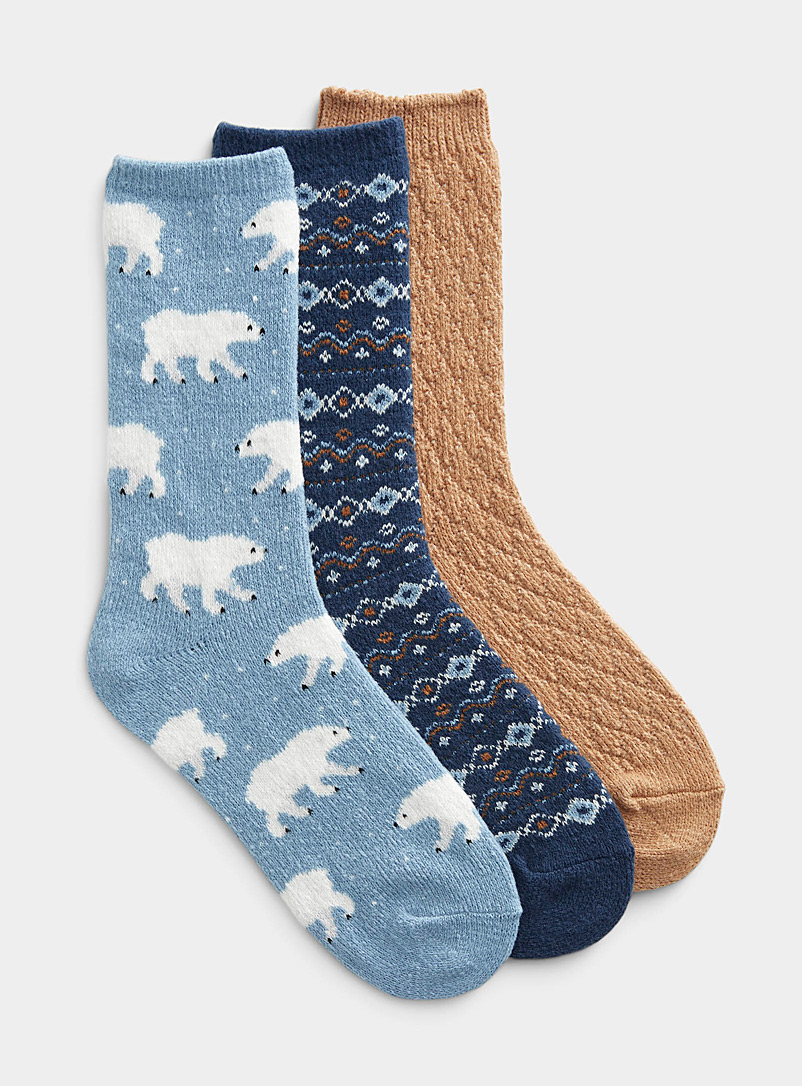 Simons Patterned Blue Frosted softness socks Set of 3 for women