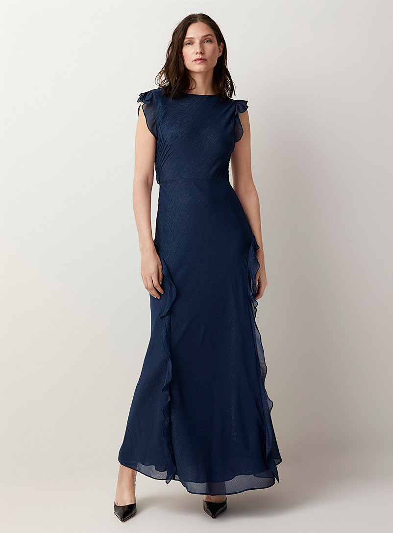 Ted Baker: La longue robe scintillante à volants Bleu foncé pour femme