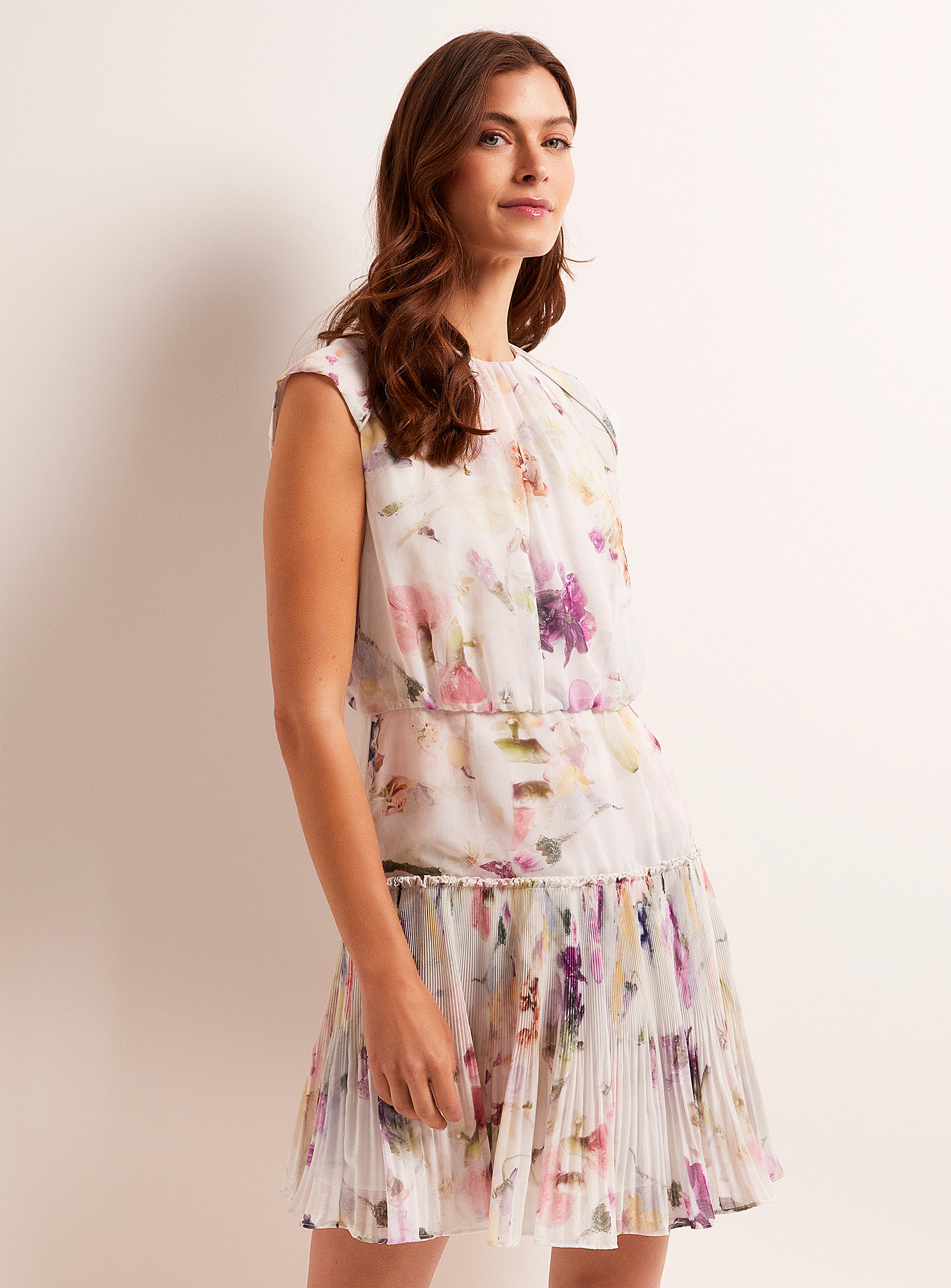 Shop Ted Baker Saintly Watercolour Blooms Pleated Dress In Patterned White