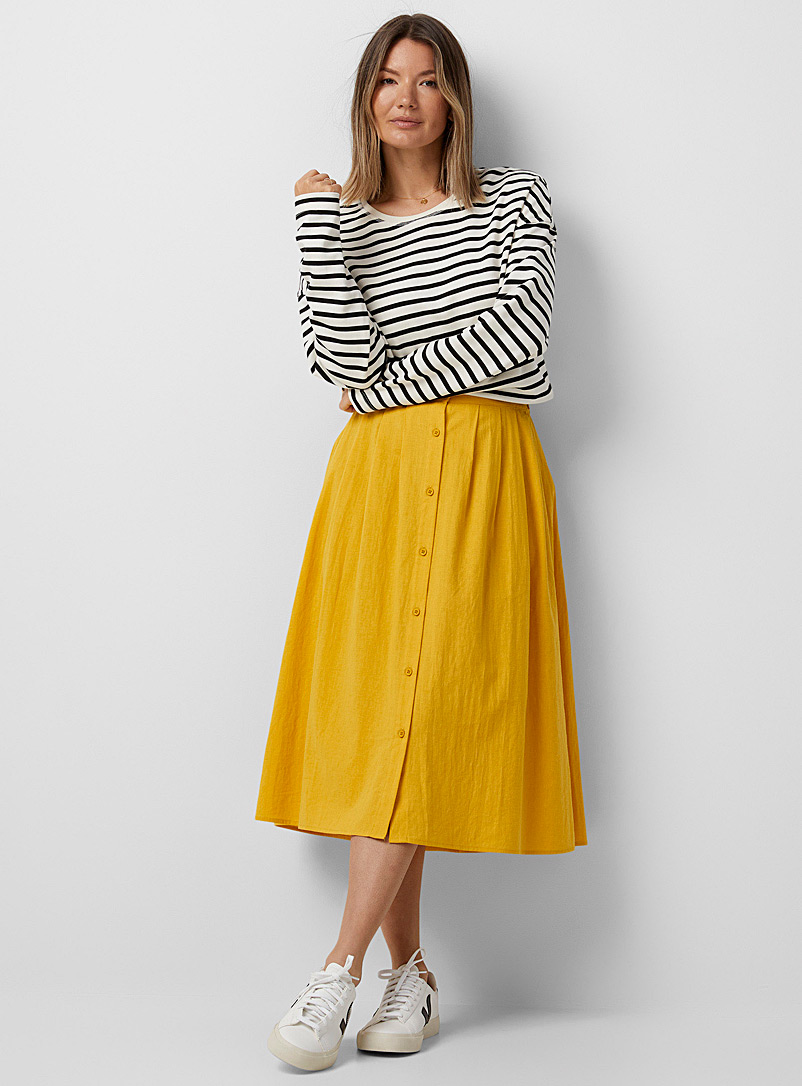 TheKorner Medium Yellow Saffron linen midi skirt for women