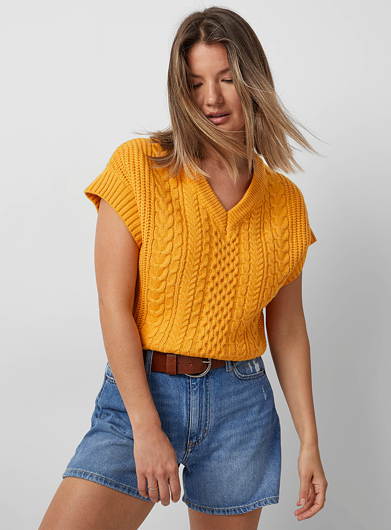 TheKorner Dark Yellow Mustard twisted cable sweater vest for women