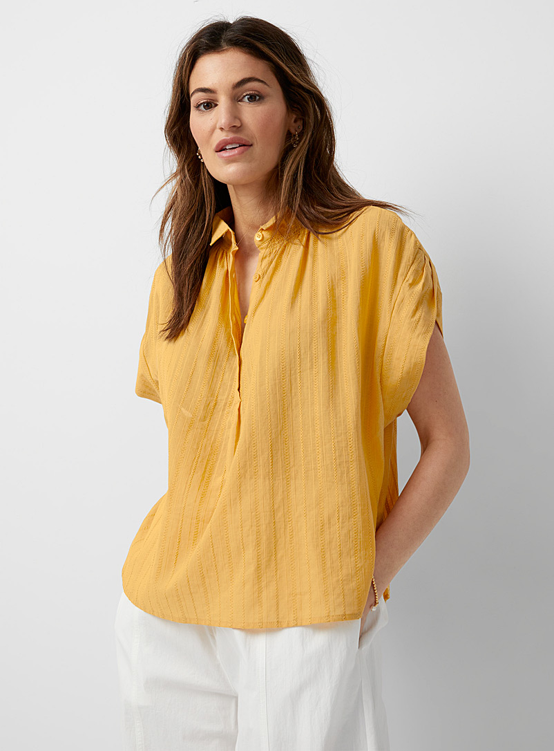 TheKorner Dark Yellow Woven stripes ochre shirt for women