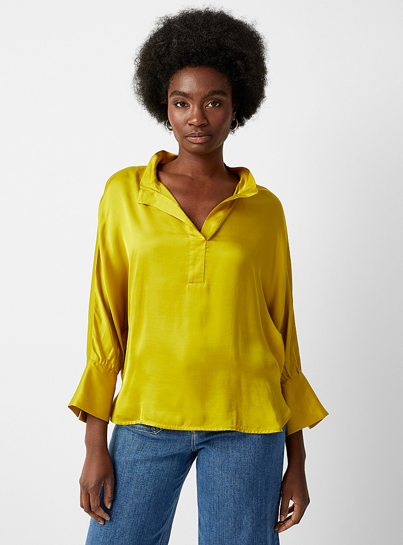 TheKorner Golden Yellow Chartreuse satiny loose blouse for women