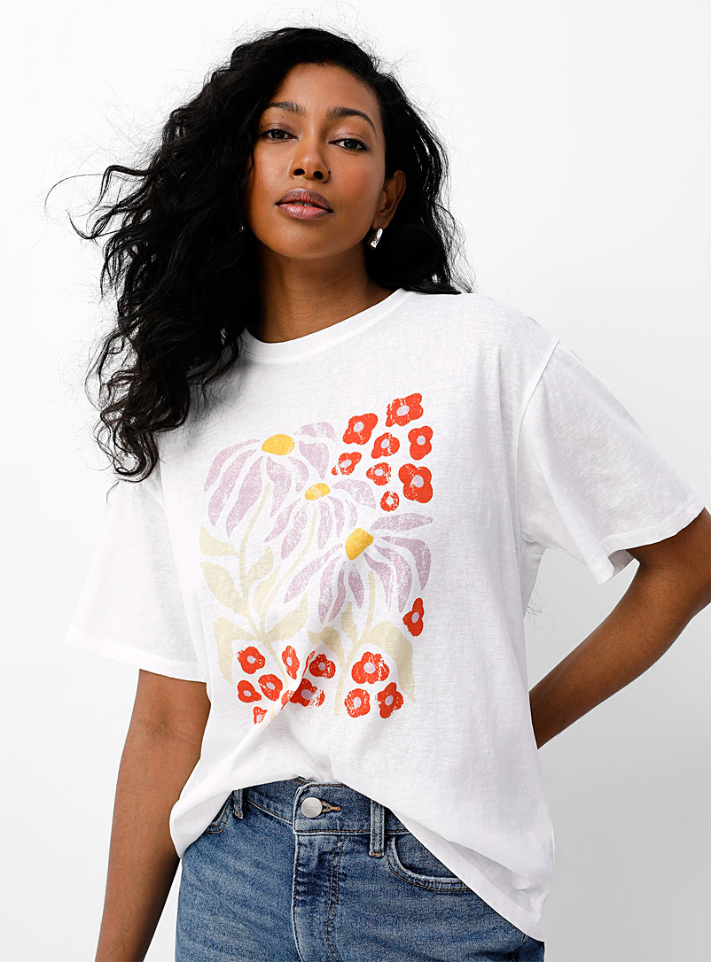 TheKorner Patterned White Floral print loose T-shirt for women
