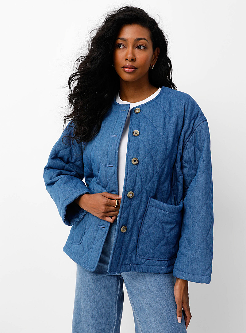 TheKorner Slate Blue Quilted denim jacket for women