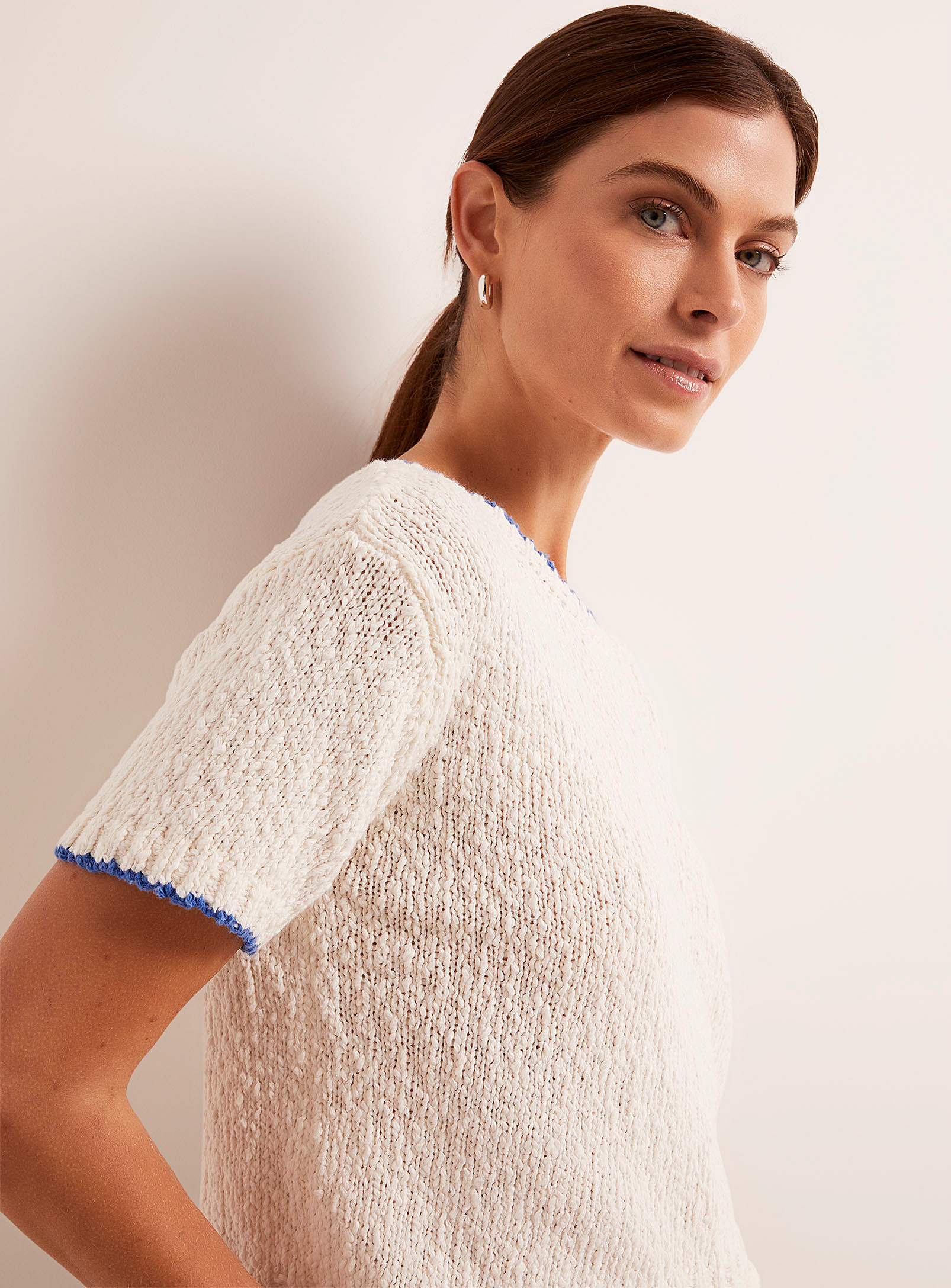 Thekorner Blue Accent Cropped Sweater In White