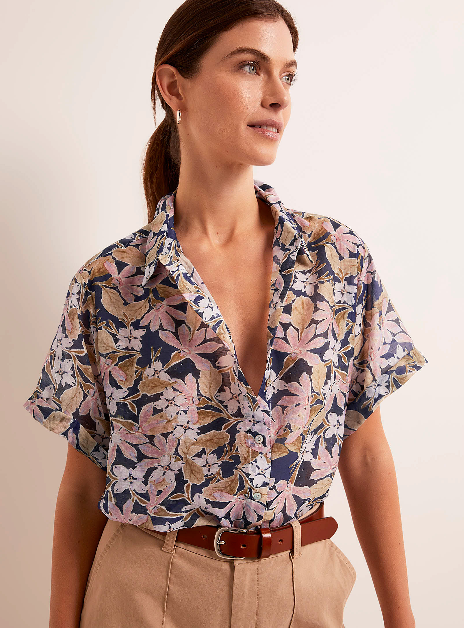 TheKorner - Women's Floral watercolour voile boxy-fit shirt