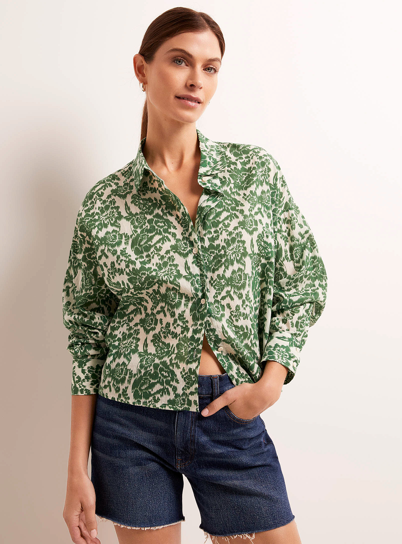 Thekorner Lush Garden Voile Loose Shirt In Patterned Green
