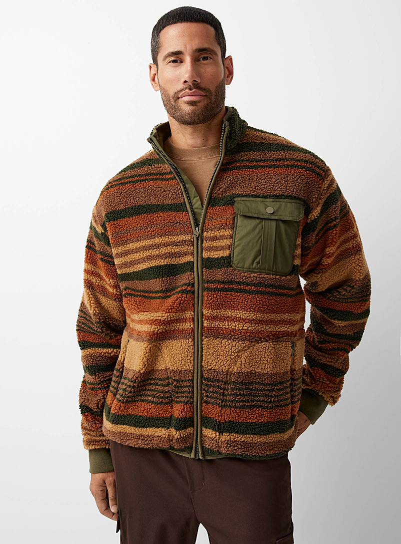 Le 31 Brown Patterned sherpa cardigan for men
