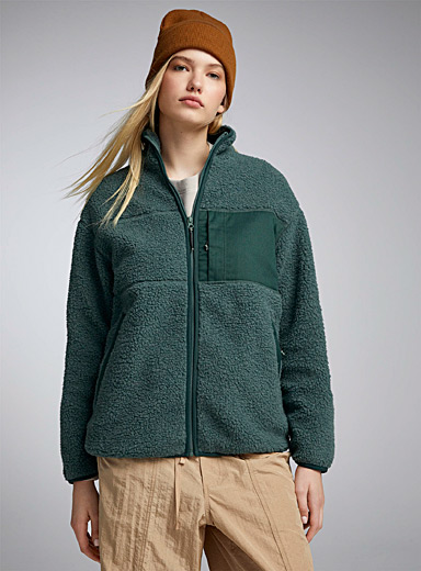 Twik Mossy Green Sherpa and twill zippered jacket for women