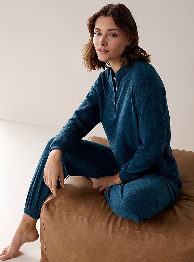 Miiyu x Twik Blue Textured Henley lounge T-shirt for women