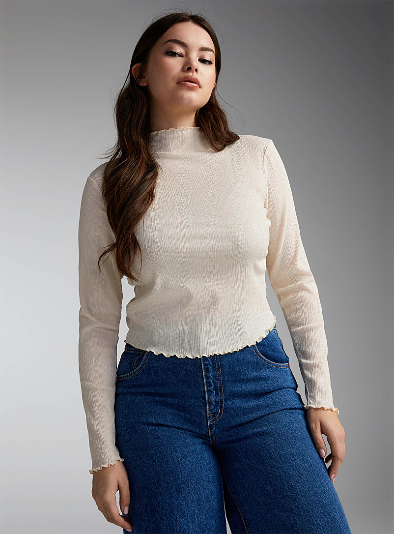 Twik Ivory/Cream Beige Ruffled edging wrinkled T-shirt for women