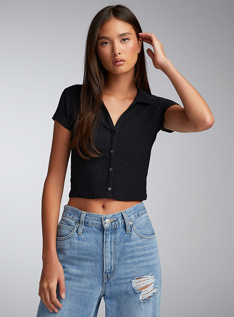Twik Black Textured short-sleeve mini-shirt for women