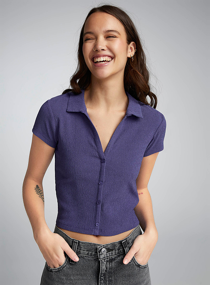 Twik Purple Textured short-sleeve mini-shirt for women