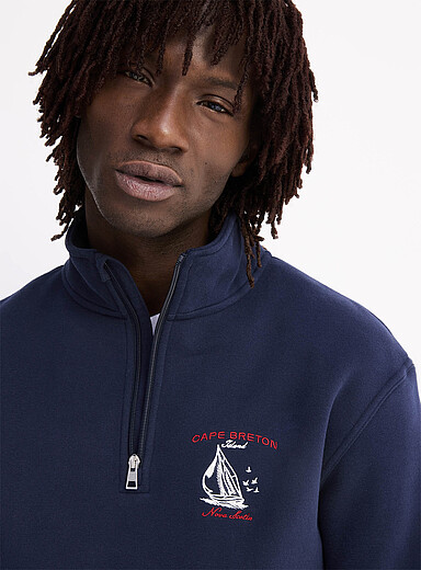 Le 31 Navy/Midnight Blue Destination embroidery zip-neck sweatshirt <b>Comfort fit</b> for men