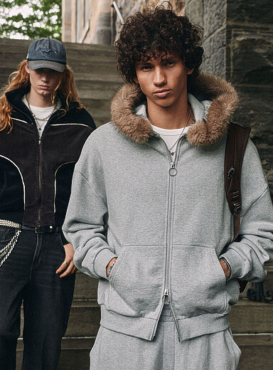 Djab Grey Faux-fur hood zip-up hoodie <b>Oversized fit</b> for men