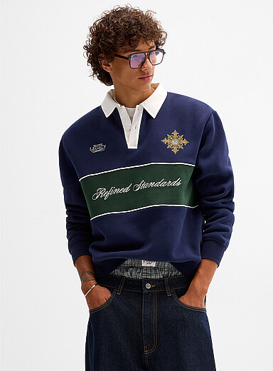Djab: Le sweat polo rugby peau de p&ecirc;che Bleu marine - Bleu nuit pour homme