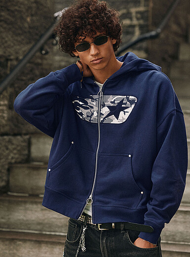 Djab Indigo/Dark Blue Oversized zip-up fleece hoodie for men