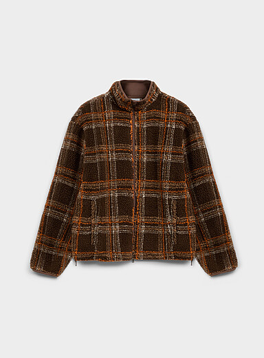 Djab Brown Patterned high-pile fleece zipped jacket for men