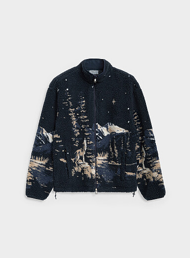 Djab Blue Patterned high-pile fleece zipped jacket for men
