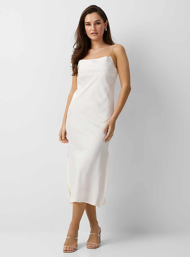 Icône Cream Beige Bejewelled straps satiny dress for women