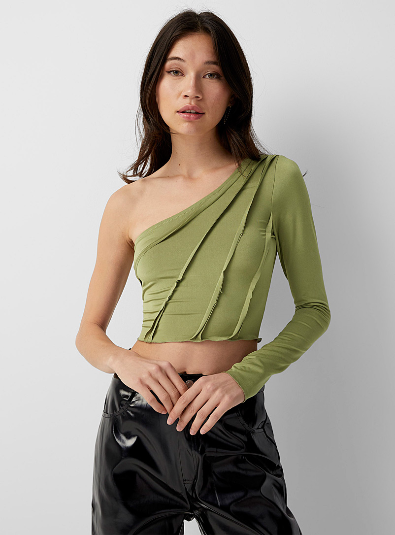 Twik Lime Green Single-shoulder reverse seams mini T-shirt for women